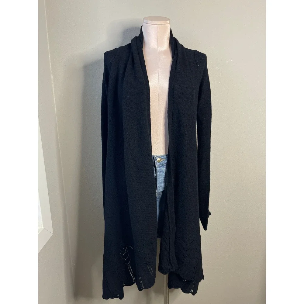 Pure DKNY Cardigan Black Lambswool Cashmere Draped Pointelle Open Front P/S